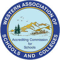 Western Association of Schools and Colleges seal. Dark blue, light blue, and gold. Trees, mountains, birds, and city building with "Accrediting Commission for Schools"